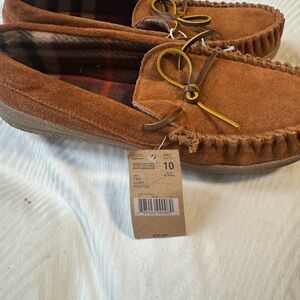 Roots Tan Suede Loafers with Yellow Accents